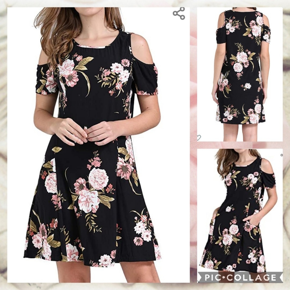 Floral Cold Shoulder w/ Pockets Swing Dress